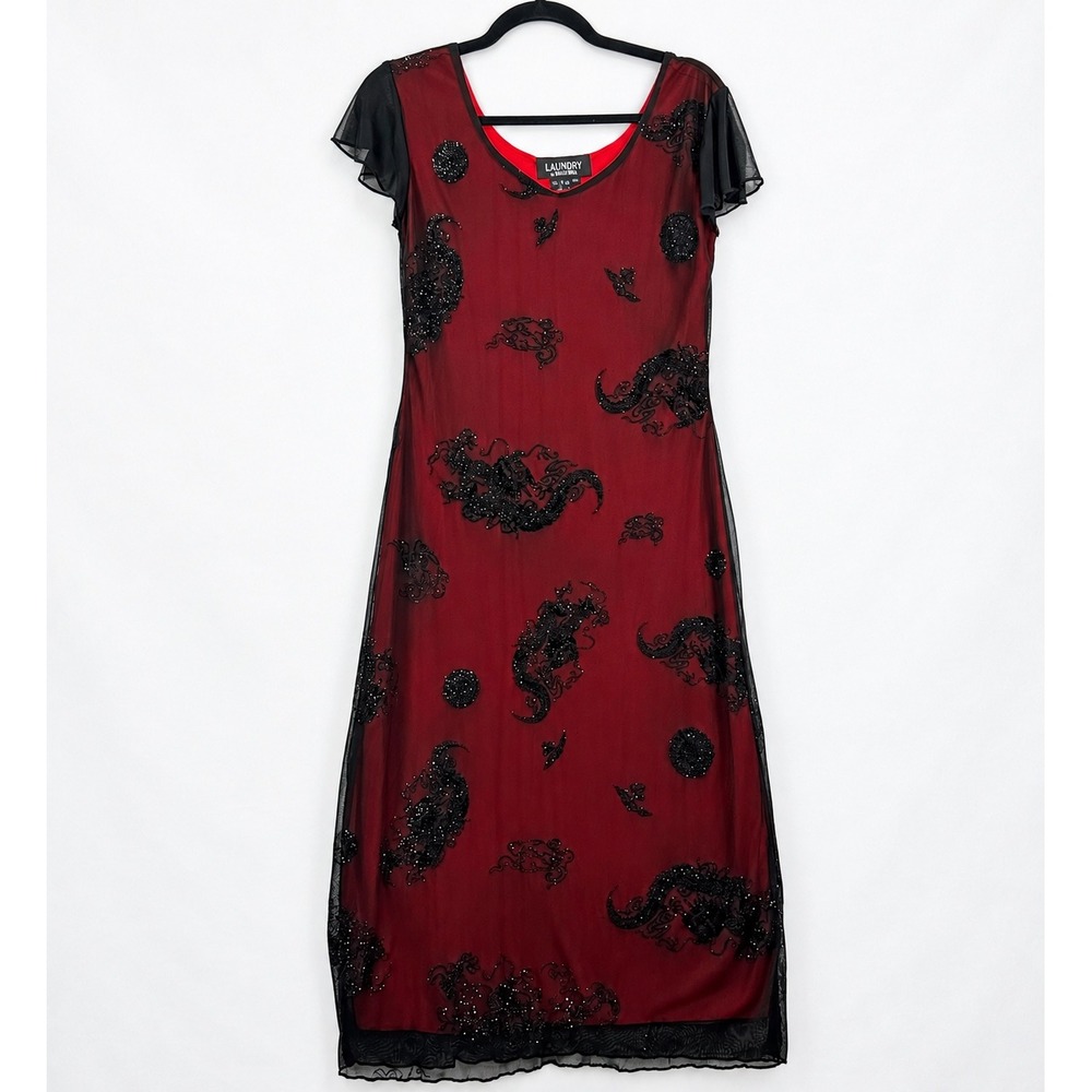 Vintage Laundry by Shelli Segal Dragon Mesh Beaded Maxi Dress Red Black M